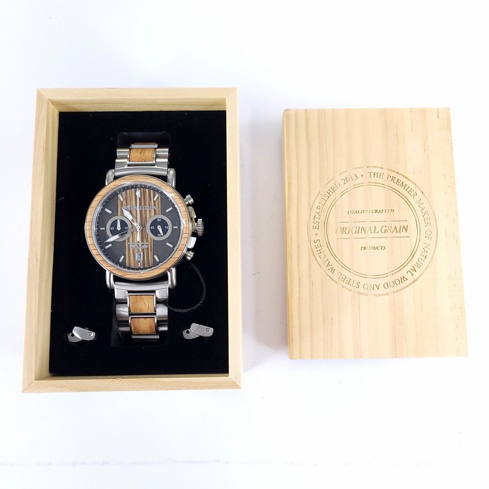 Original Grain Brewmaster Silver 44mm Chronograph Quartz Wood Dial Date Watch